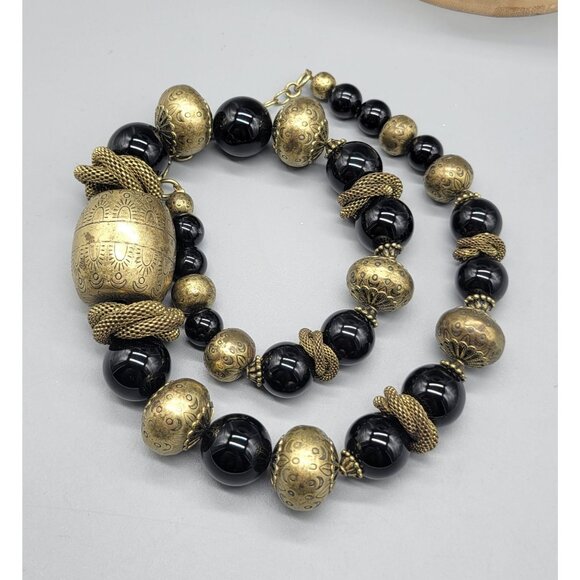 Coldwater Creek Bulky Black Gold Tone Round Beaded Statement Necklace N1E - Picture 3 of 5
